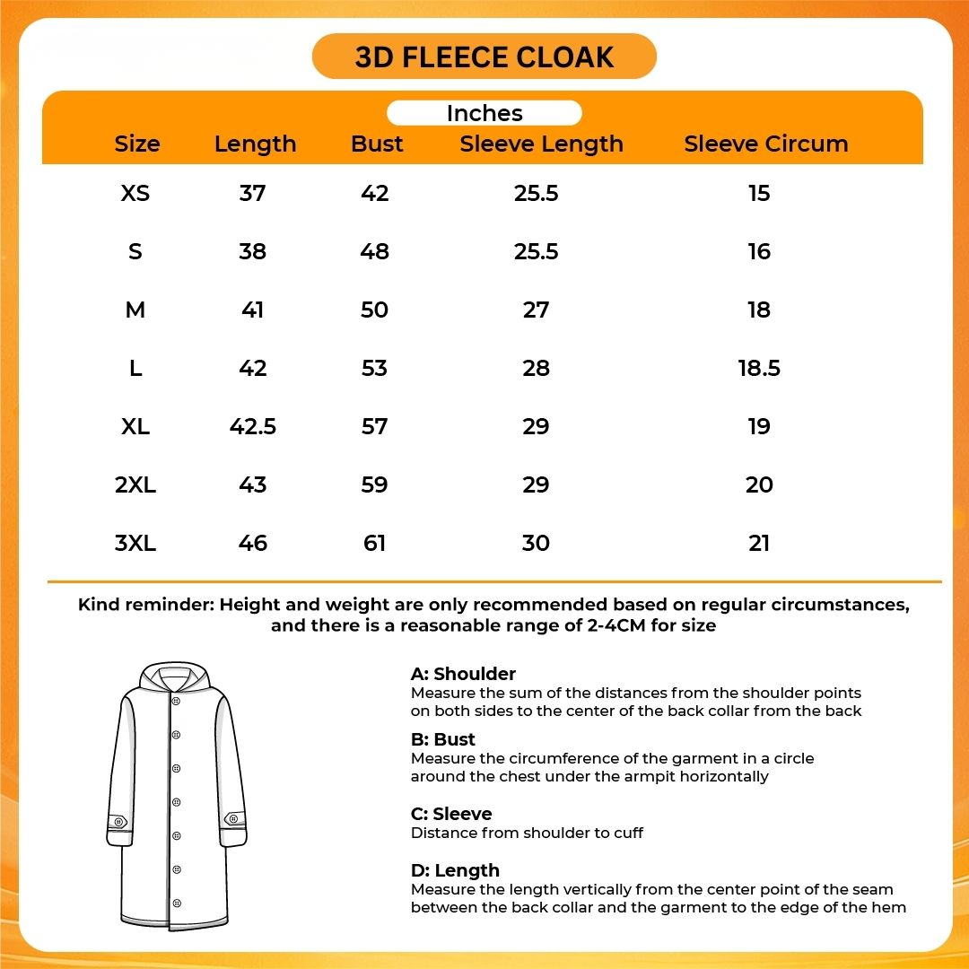 3D Fleece Cloak Size Chart - One Piece Store