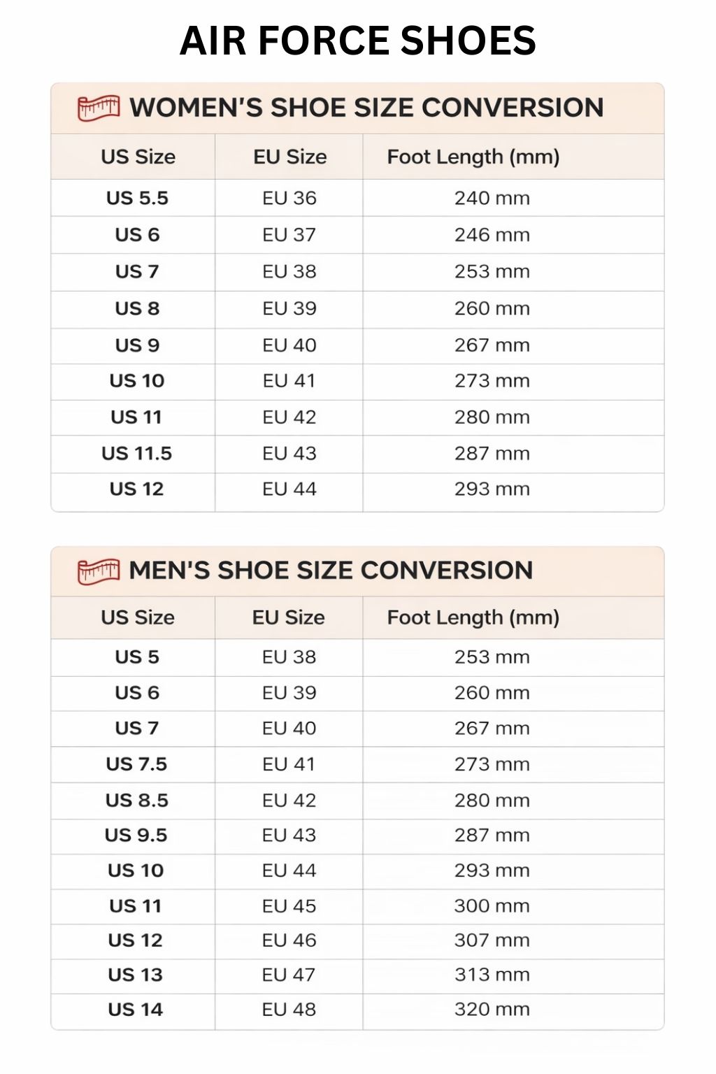 Air Force Shoes Size Chart - One Piece Store