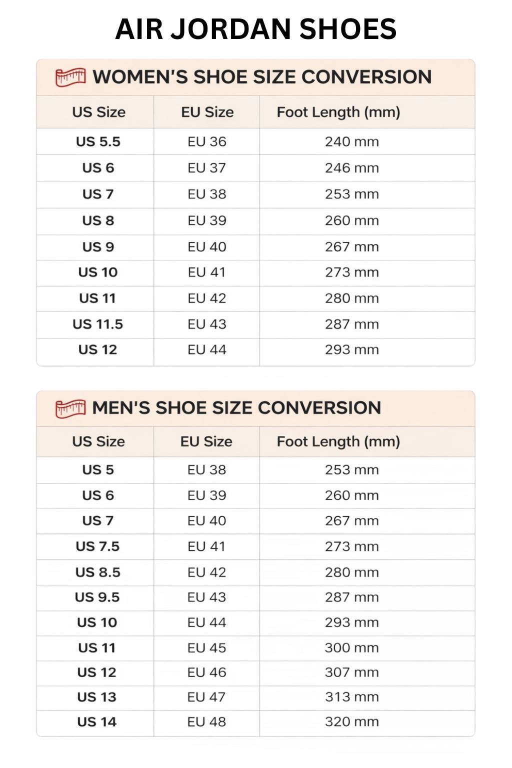 Air Jordan High Low Top Shoes Size Chart - One Piece Store