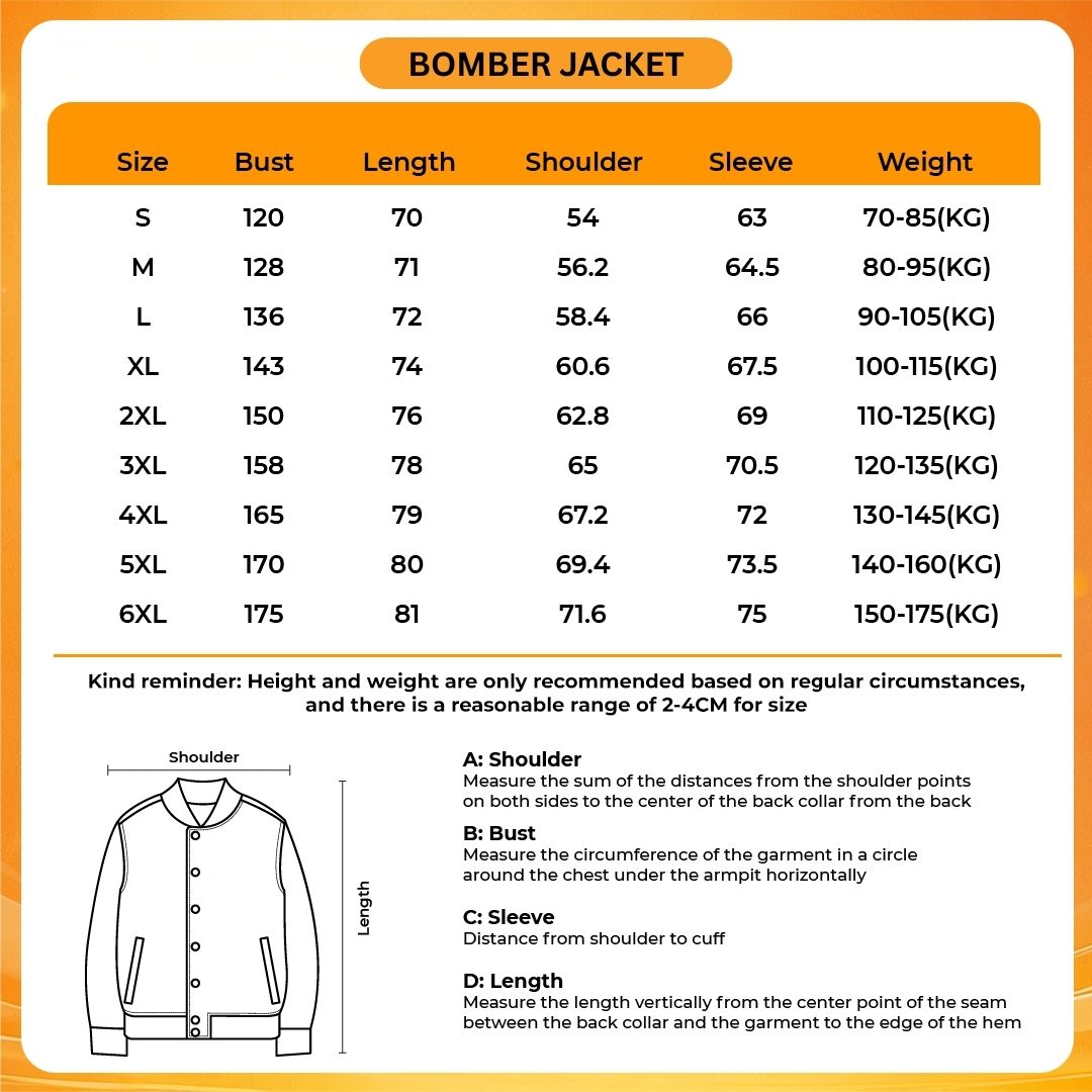 Bomber Jacket Size Chart - One Piece Store