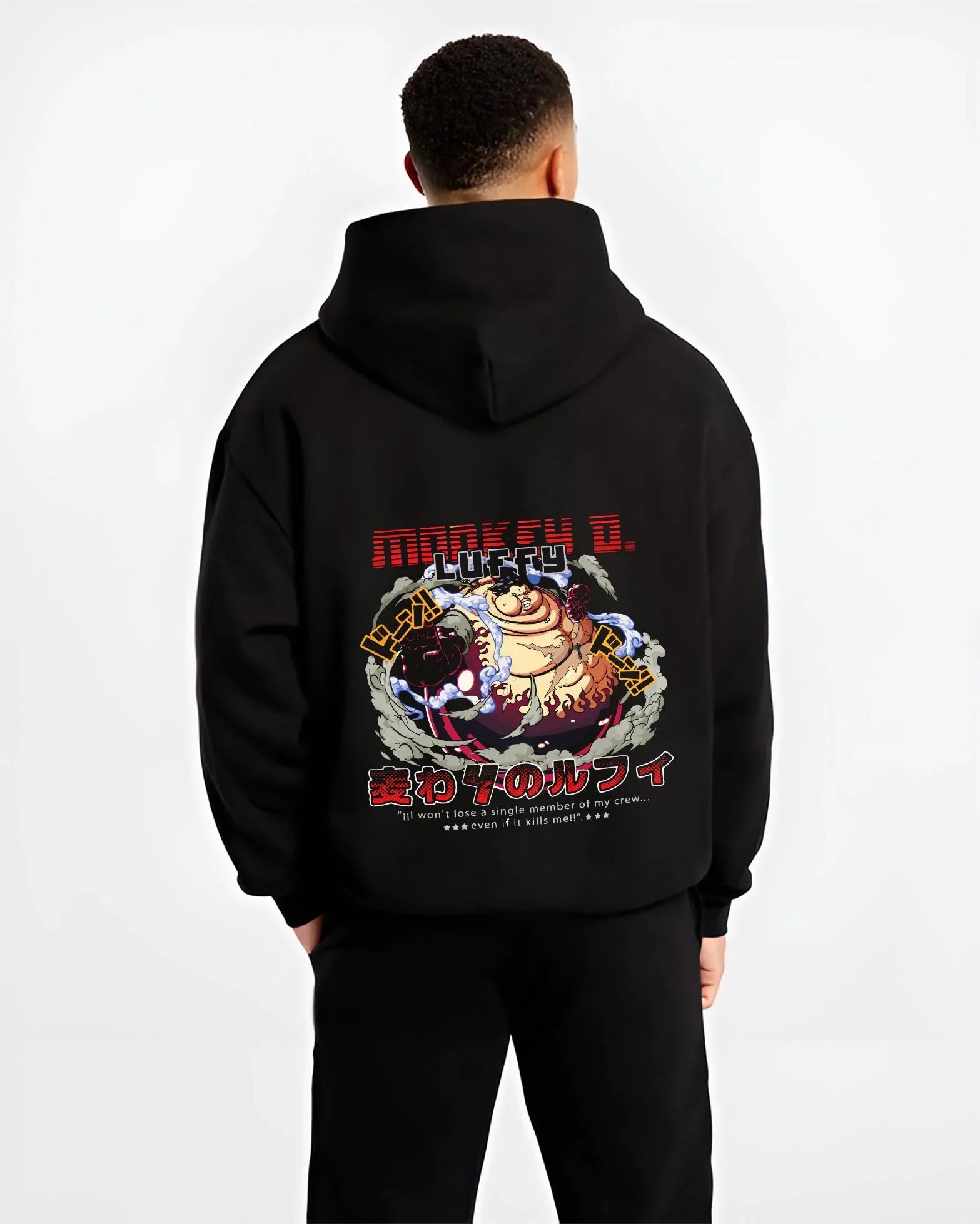 LUFCAPT B.black hoodie male back view - One Piece Store
