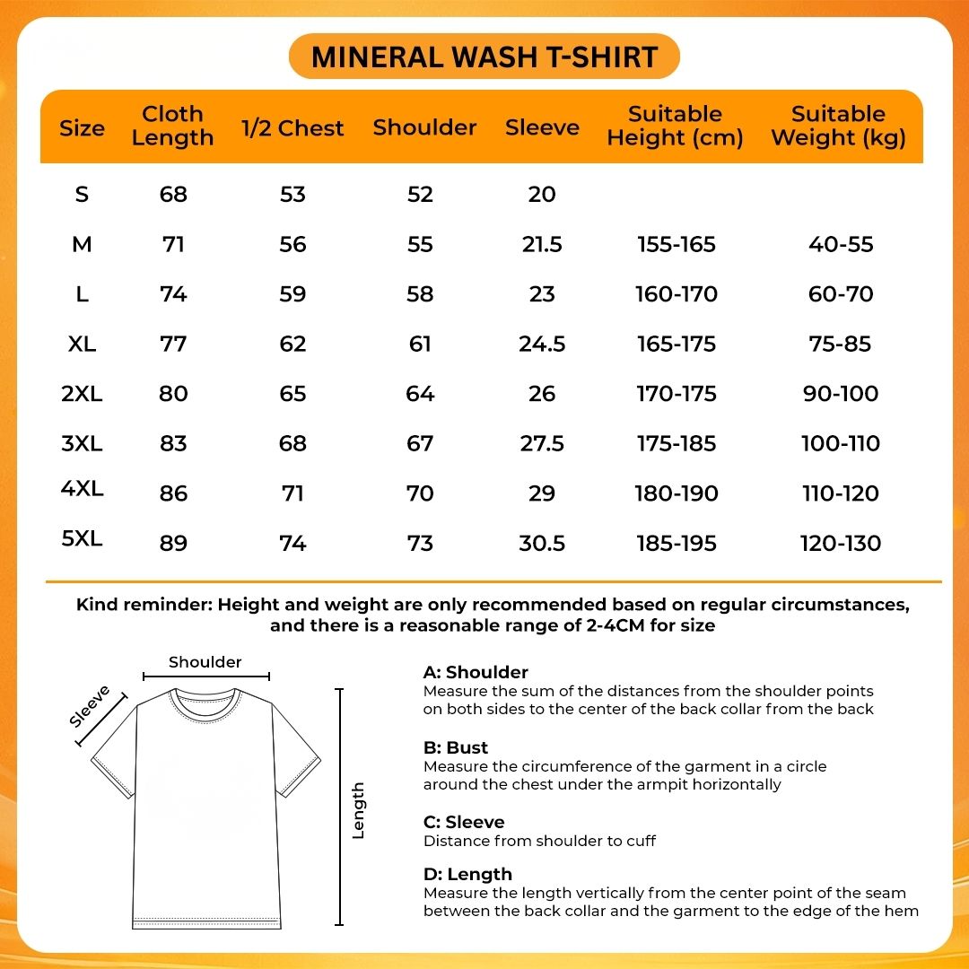 Mineral Wash T Shirt Size Chart - One Piece Store