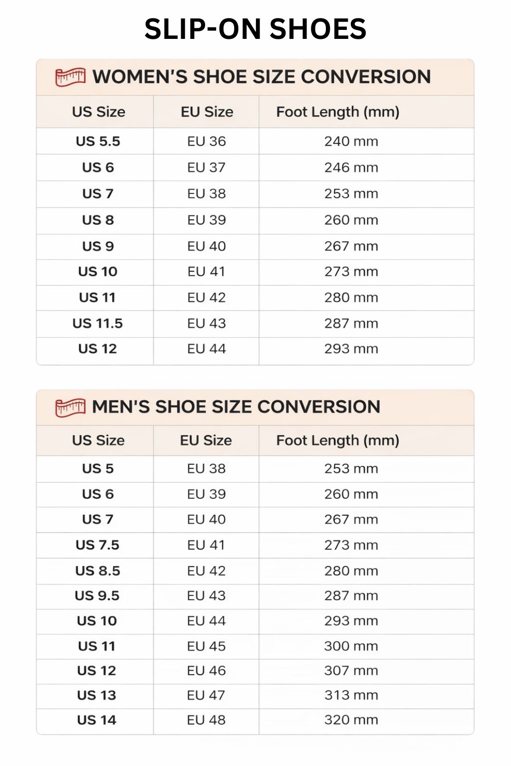 Slip On Shoes Size Chart - One Piece Store